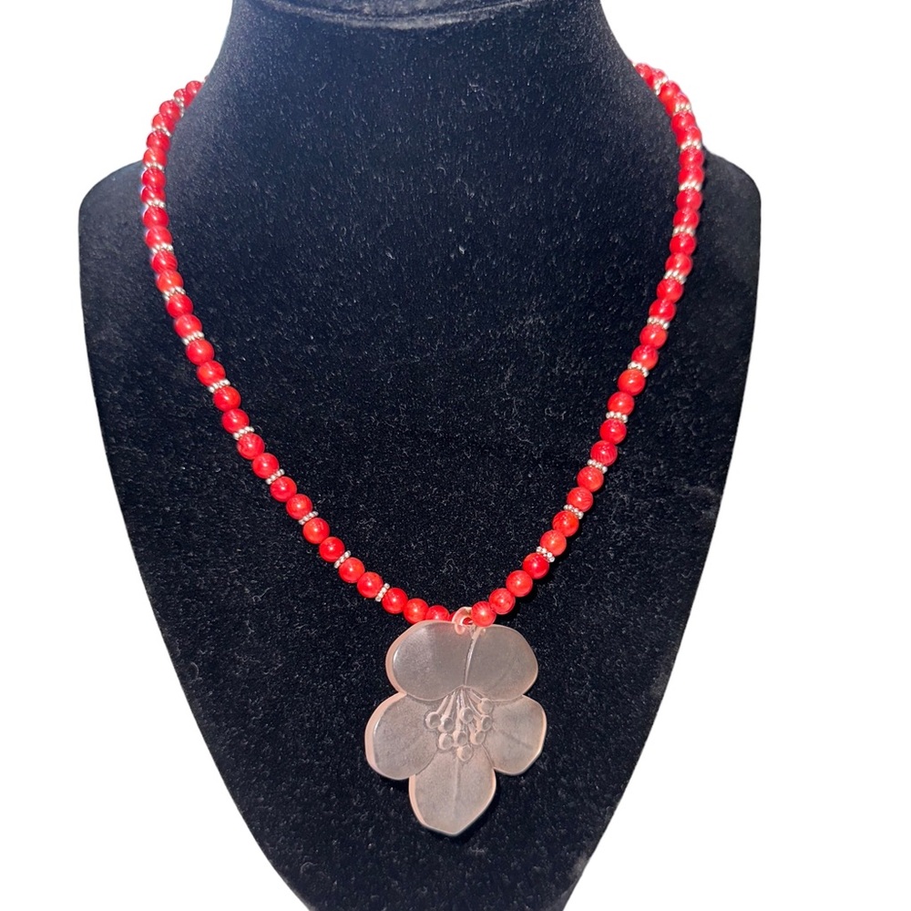 Red Coral Beaded Necklace with Pink Acrylic Hibiscus Flower - Handmade